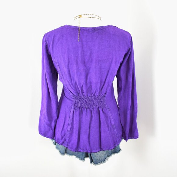 VTG 90s Y2K Purple Eyelet Floral Embroidery Long Sleeve Flowy Babydoll Top - Picture 3 of 5
